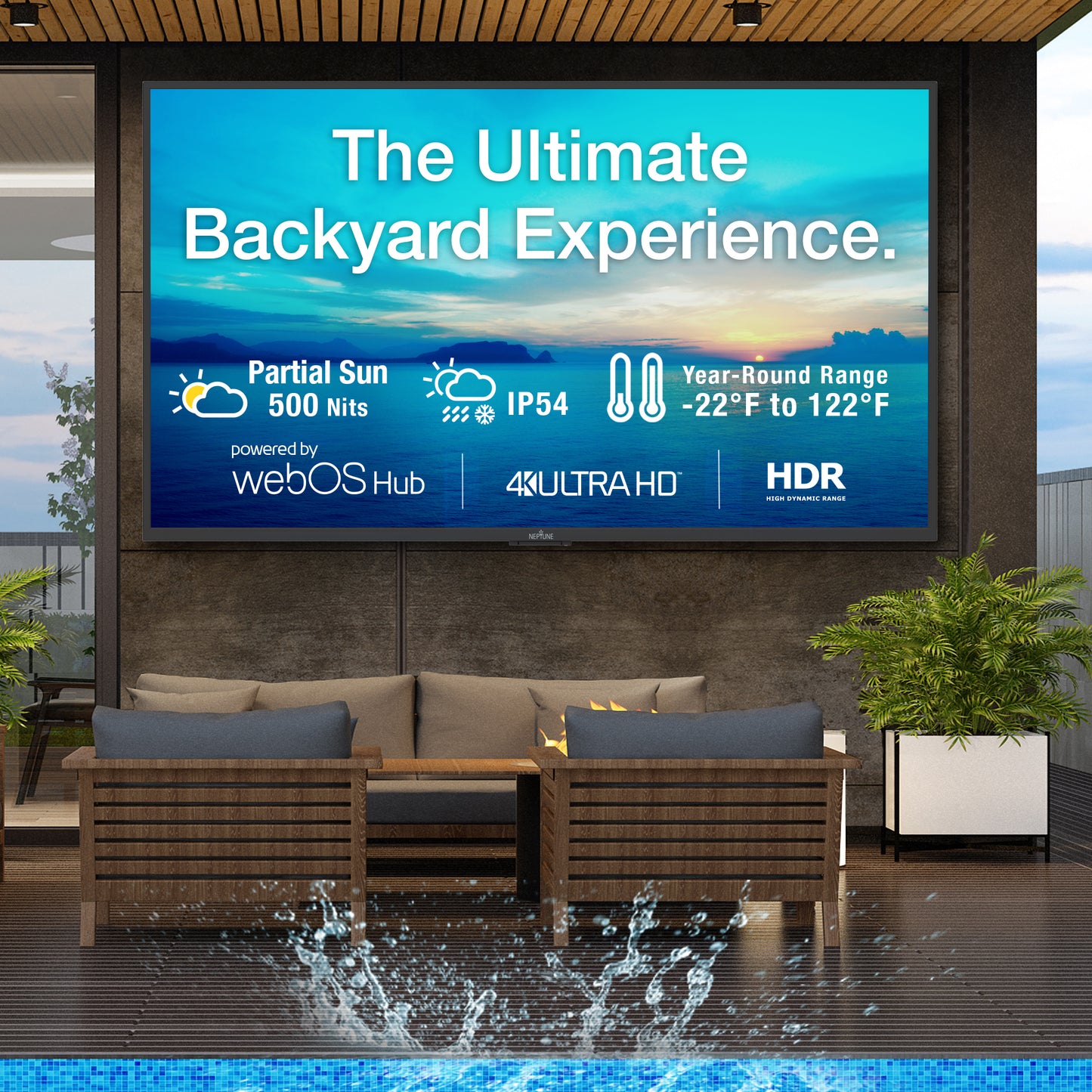 Neptune Outdoor Smart TV with feature graphics on screen