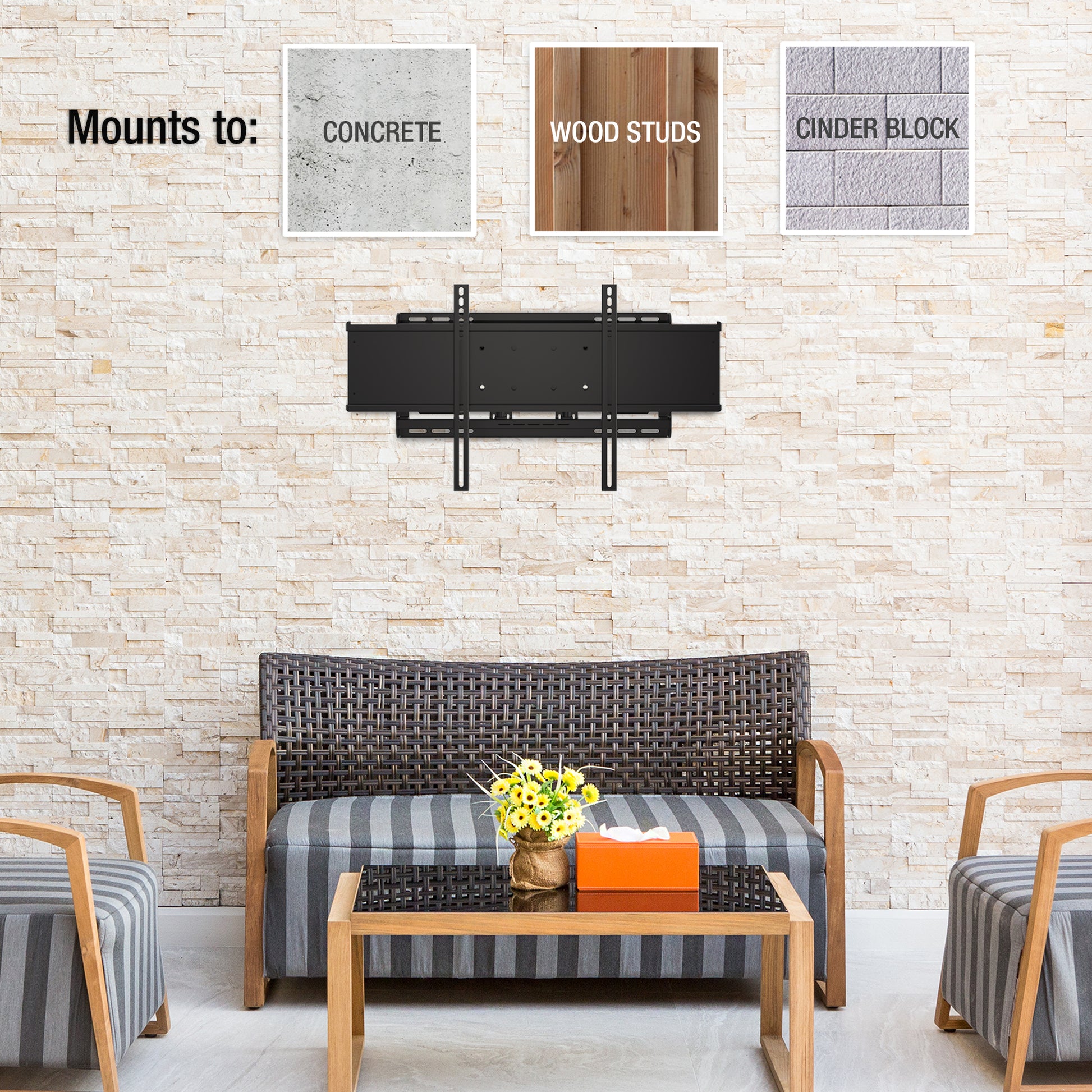 Mounts to concrete, wood studs, and cinder block