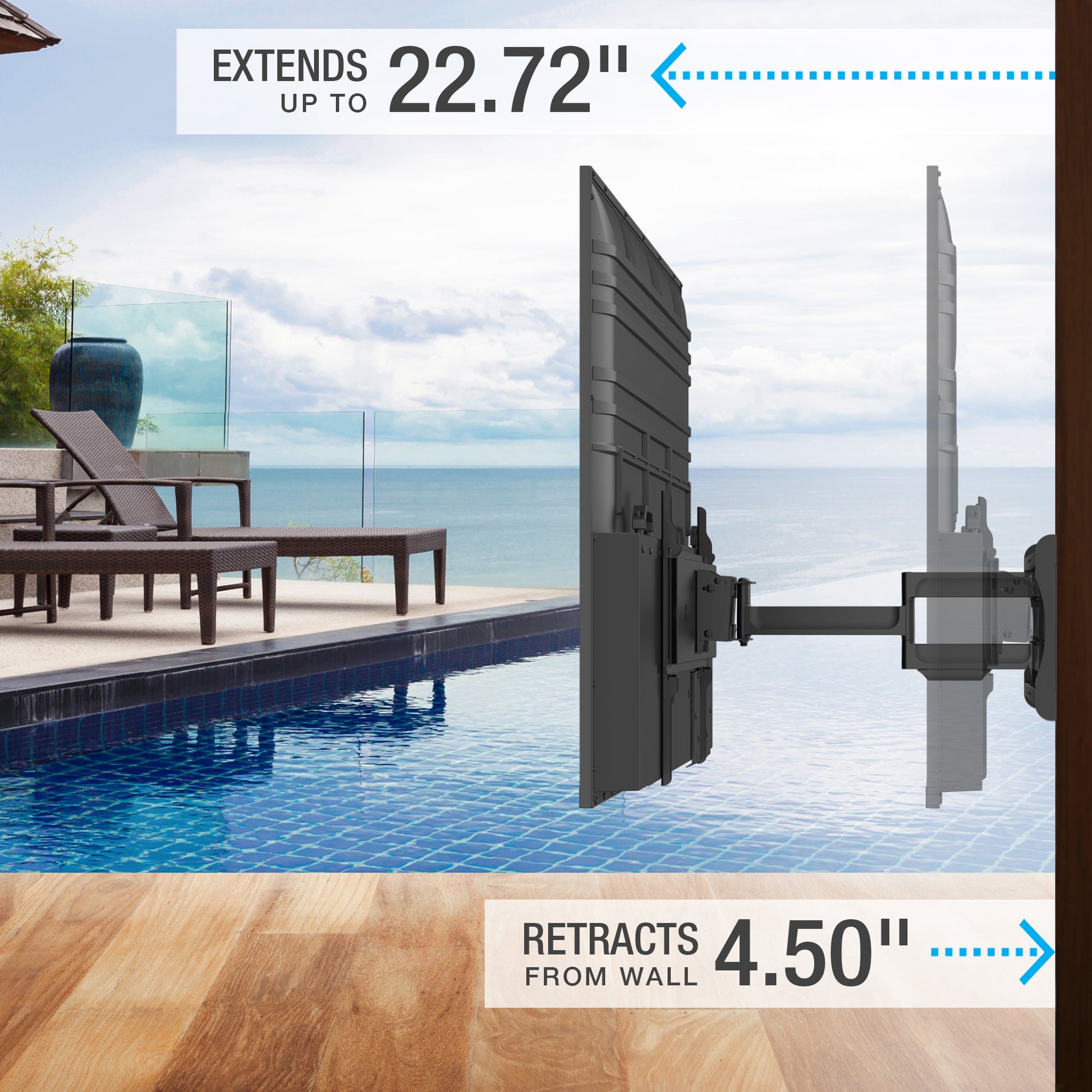 TV wall mount extending and retracting with pool and lounge chairs in the background