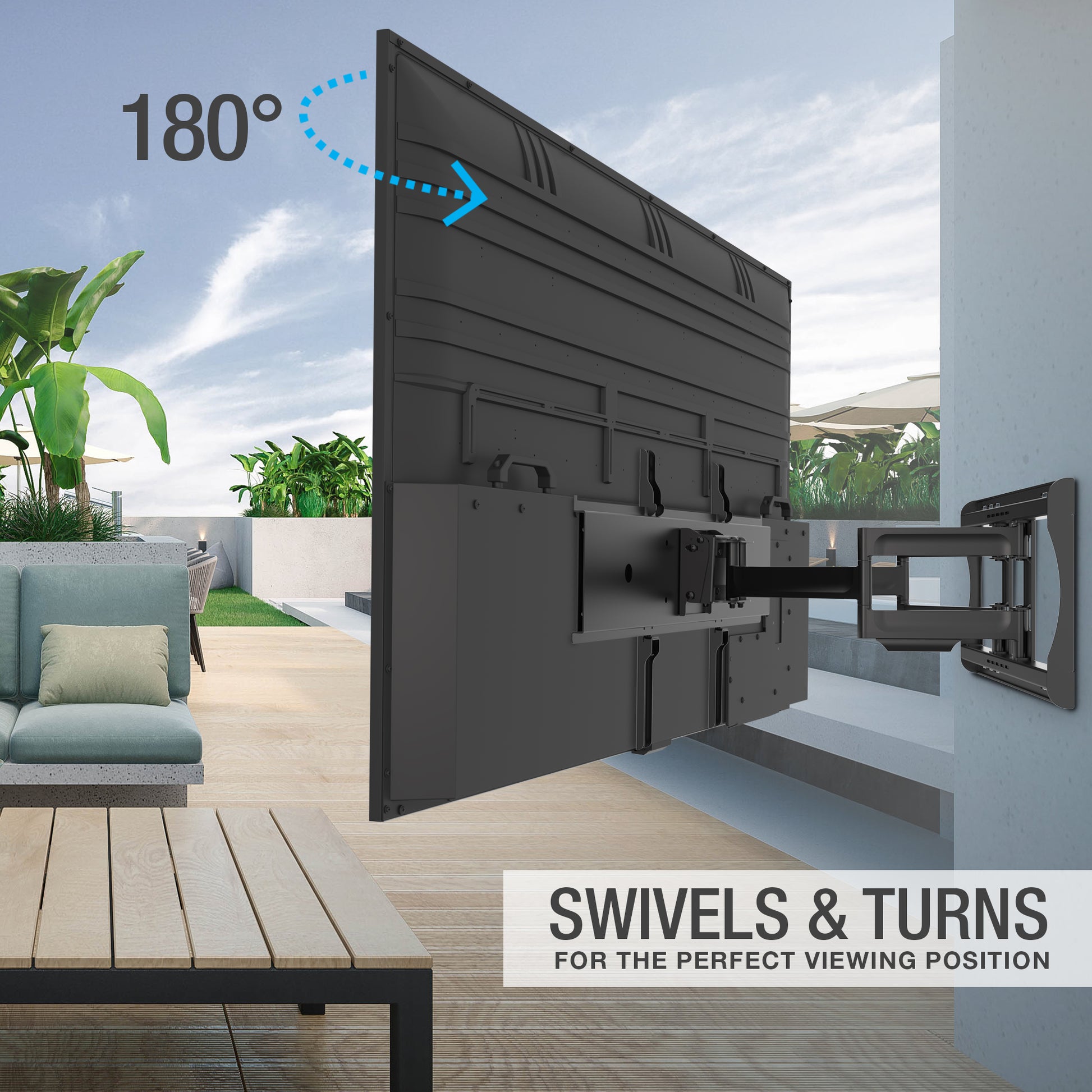 Outdoor mount allows user to swivel and turn TV for the perfect viewing position