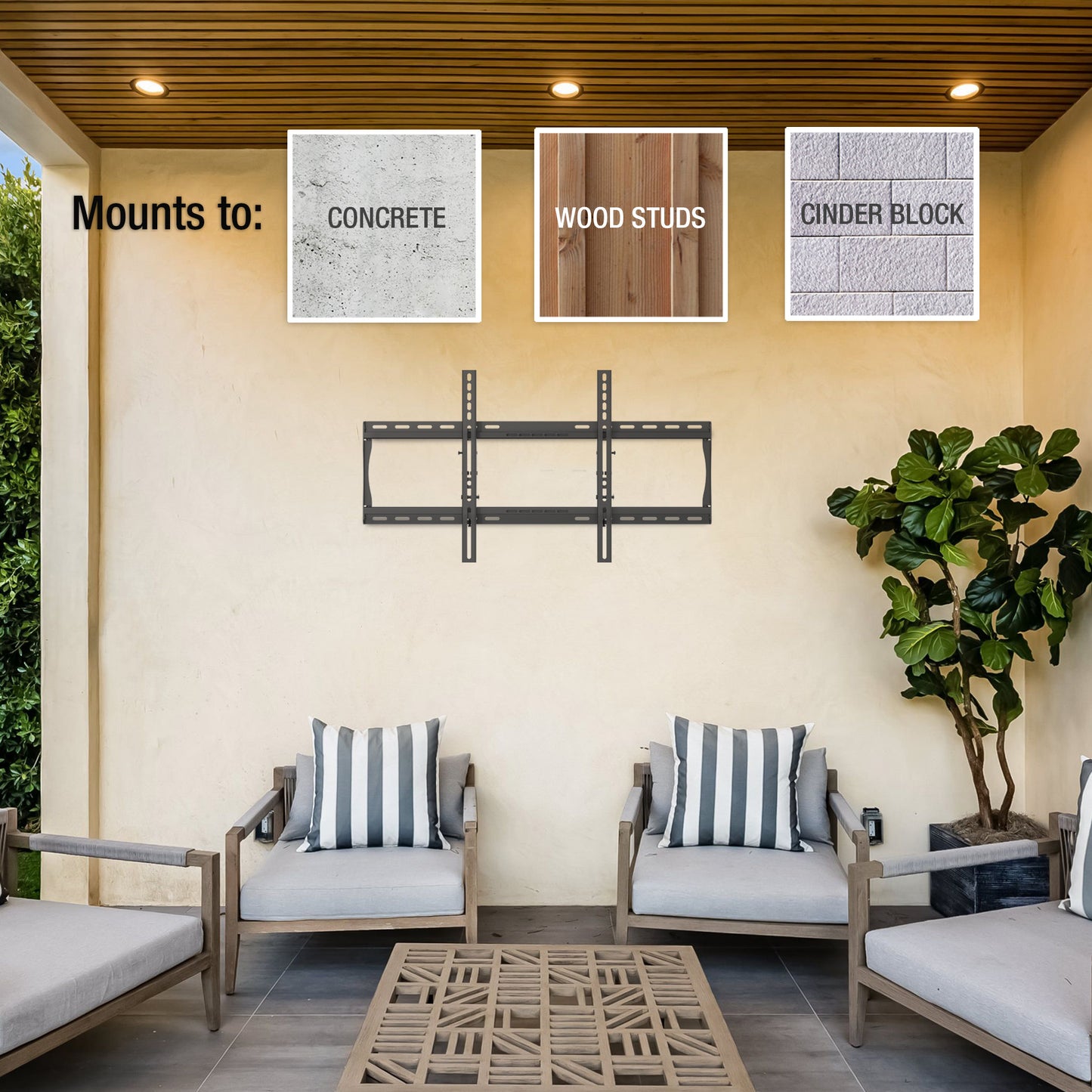 Mounts to concrete, wood studs, and cinder block