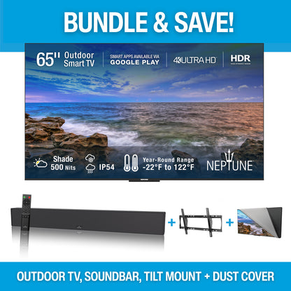 Outdoor Smart TV Bundle includes 65" TV, soundbar, outdoor tilt mount, and dust cover