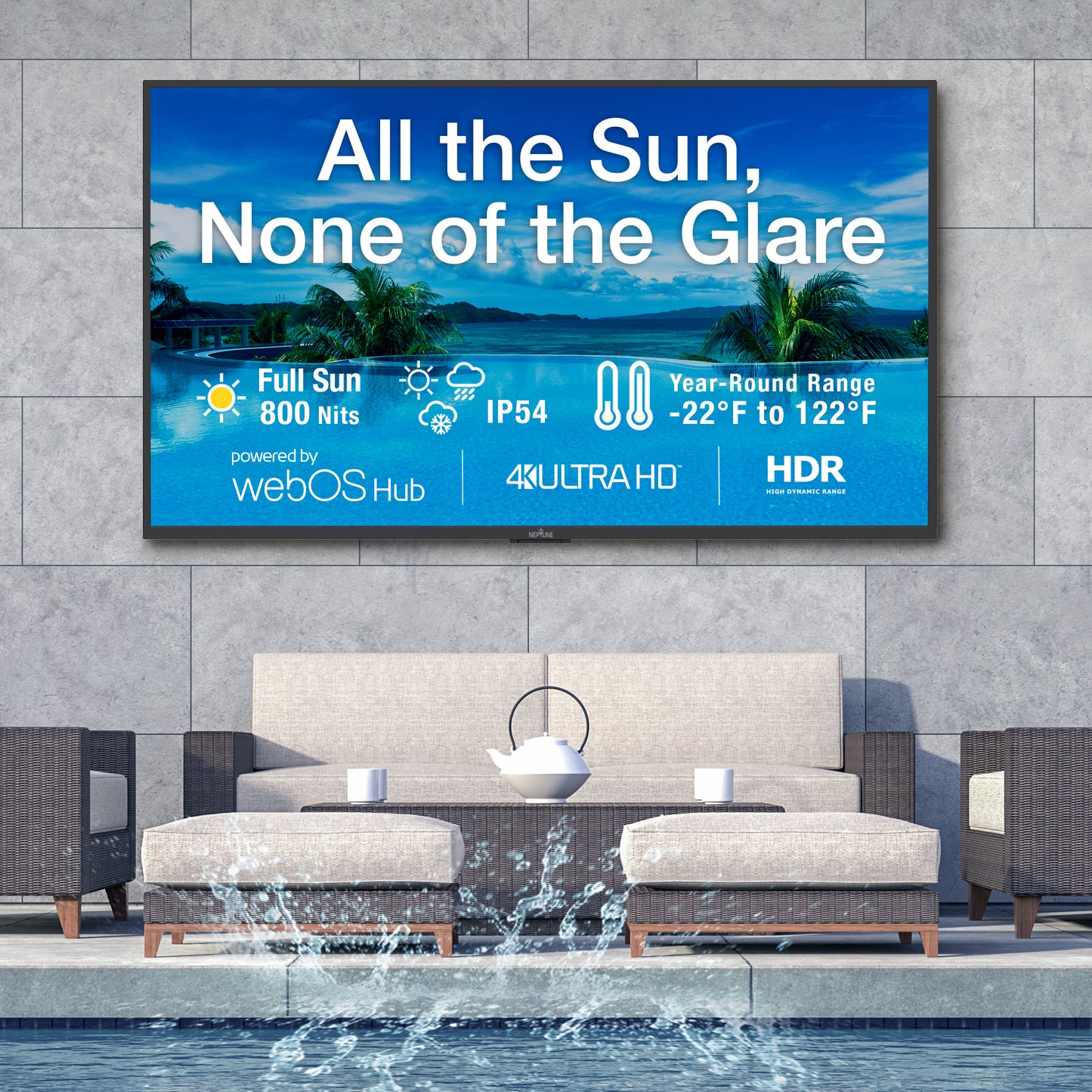 Large outdoor TV screen displaying promotional text with a scenic background, placed above a patio set by a pool.