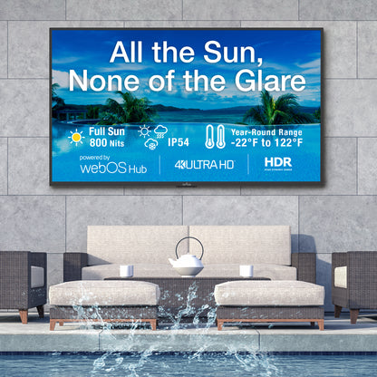 Large outdoor TV screen displaying promotional text with a scenic background, placed above a patio set by a pool.