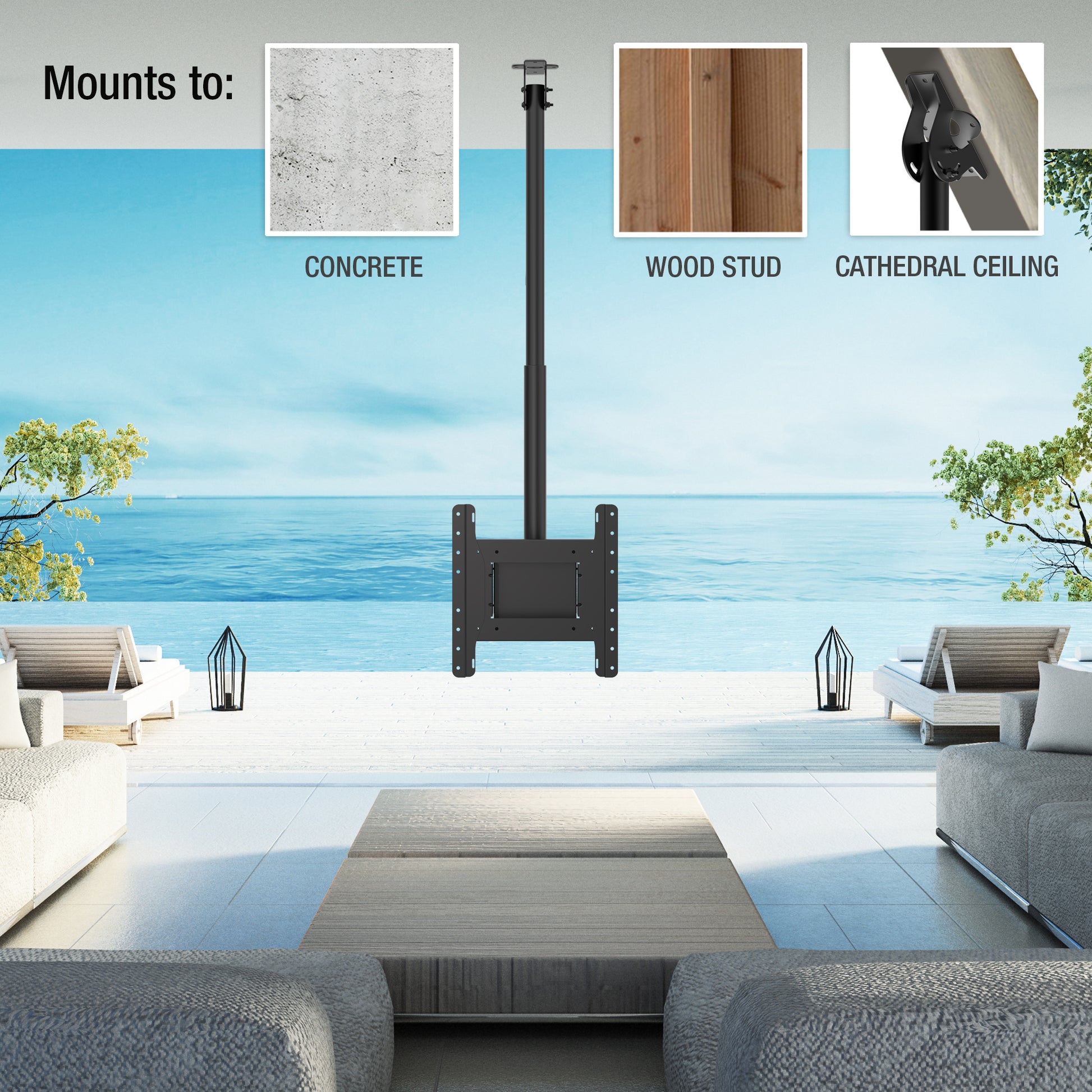 Mounts to concrete, wood stud, cathedral ceiling