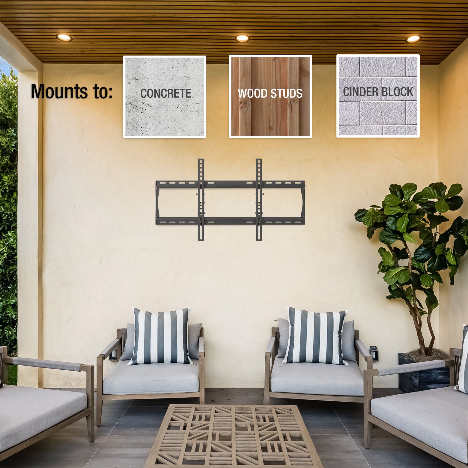 Mounts to concrete, wood studs, and cinder block