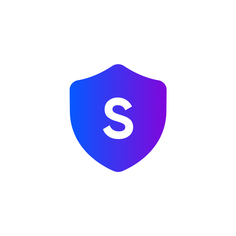 Gradient blue to purple shield logo with a white 'S' in the center on a white background